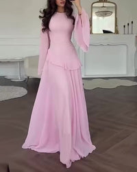 Women's Chiffon Maxi Dress with Bell Sleeves and Ruffle Waist - Maisie London