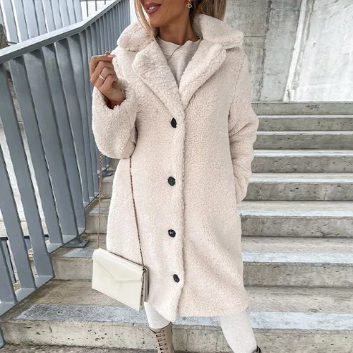 Women's Teddy Longline Coat with Notched Collar and Button-Front - Maisie London