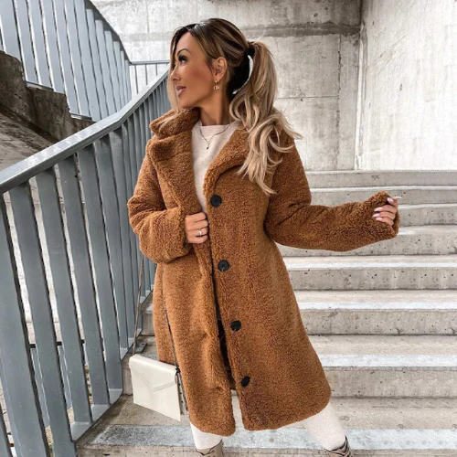 Women's Teddy Longline Coat with Notched Collar and Button-Front - Maisie London