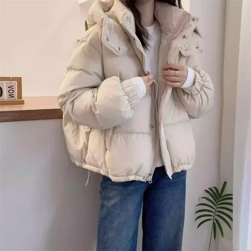 Women's Quilted Oversized Hooded Puffer Jacket with High Collar - Maisie London