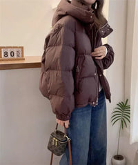 Women's Quilted Oversized Hooded Puffer Jacket with High Collar - Maisie London