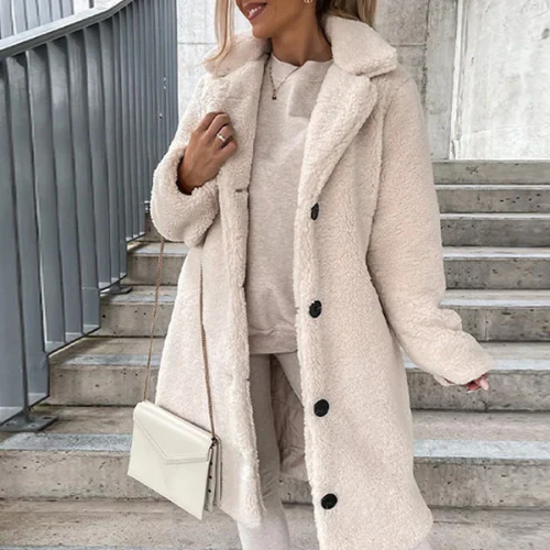 Women's Teddy Longline Coat with Notched Collar and Button-Front - Maisie London
