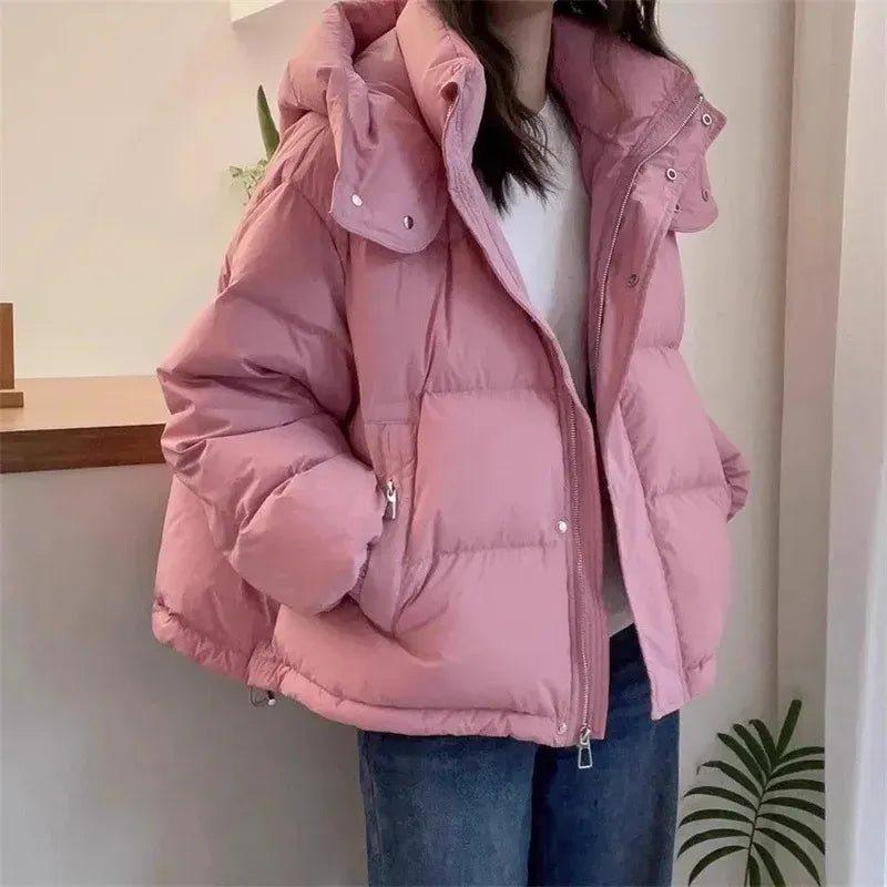 Women's Quilted Oversized Hooded Puffer Jacket with High Collar - Maisie London