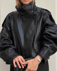 Women's Black Faux Leather Bomber Jacket with High Neck Collar - Maisie London
