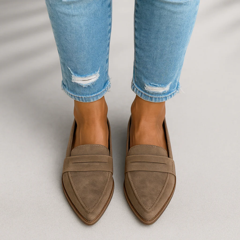 Women's Faux Suede Pointed-Toe Loafers with Flat Stacked Heel - Maisie London