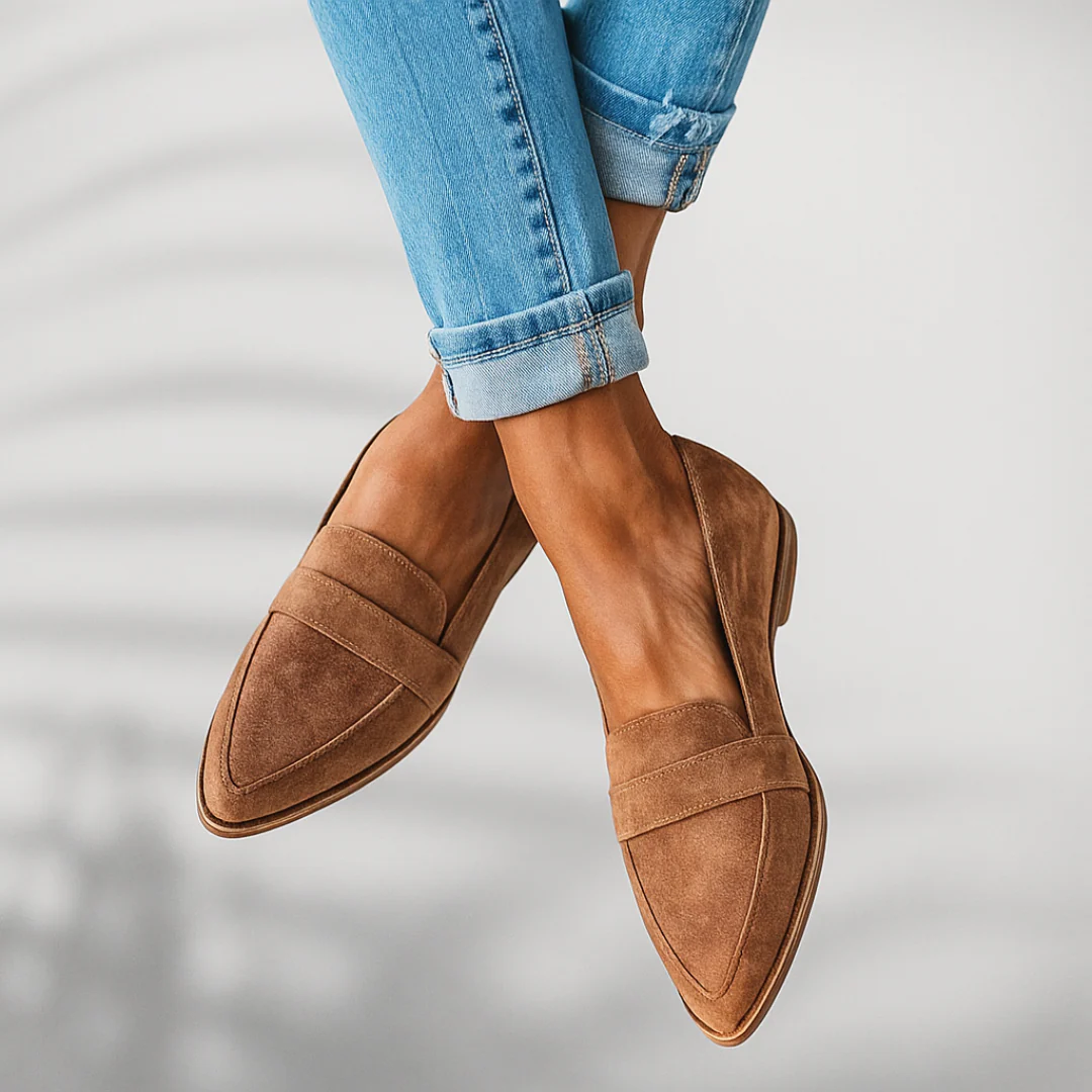 Women's Faux Suede Pointed-Toe Loafers with Flat Stacked Heel - Maisie London