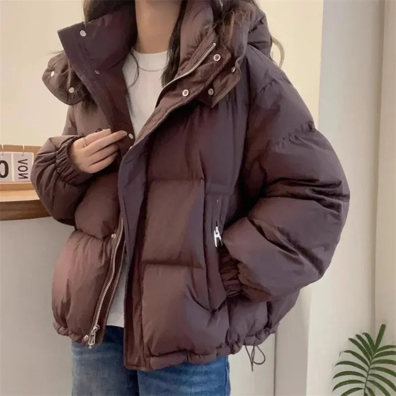 Women's Quilted Oversized Hooded Puffer Jacket with High Collar - Maisie London
