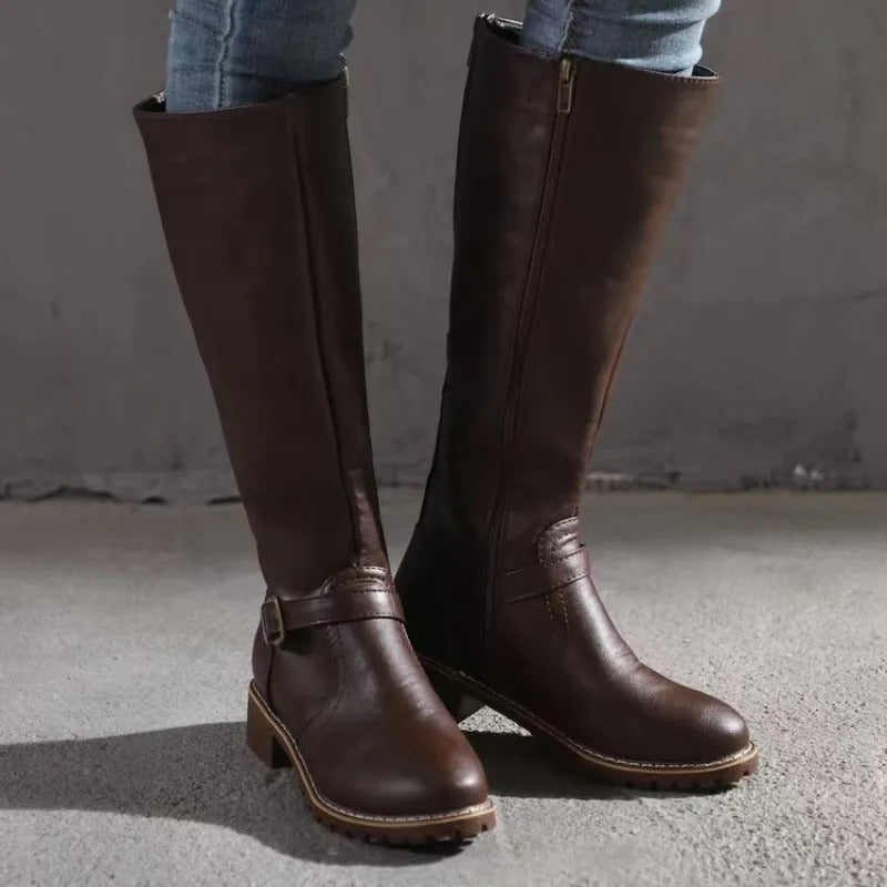 Women's Faux Leather Knee-High Boots with Buckle Strap and Block Heel - Maisie London