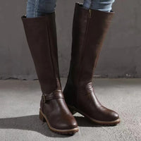 Women's Faux Leather Knee-High Boots with Buckle Strap and Block Heel - Maisie London