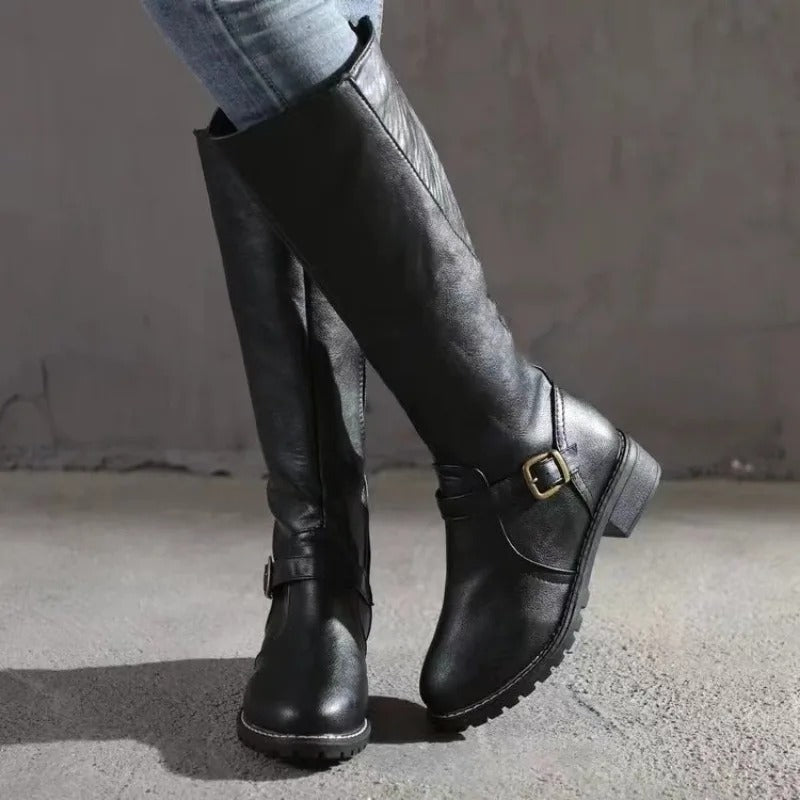 Women's Faux Leather Knee-High Boots with Buckle Strap and Block Heel - Maisie London