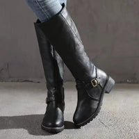 Women's Faux Leather Knee-High Boots with Buckle Strap and Block Heel - Maisie London
