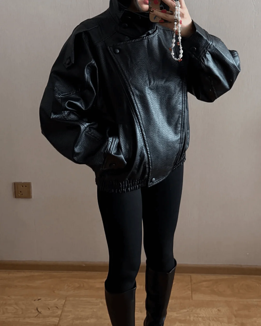 Women's Black Faux Leather Bomber Jacket with High Neck Collar - Maisie London