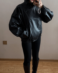 Women's Black Faux Leather Bomber Jacket with High Neck Collar - Maisie London