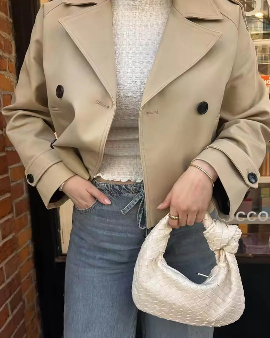 Women's Cropped Double-Breasted Trench Jacket with Buckled Cuffs - Maisie London