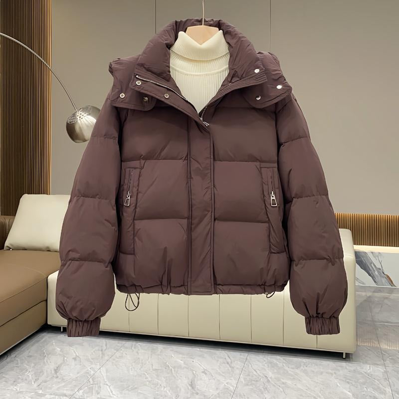 Women's Quilted Oversized Hooded Puffer Jacket with High Collar - Maisie London