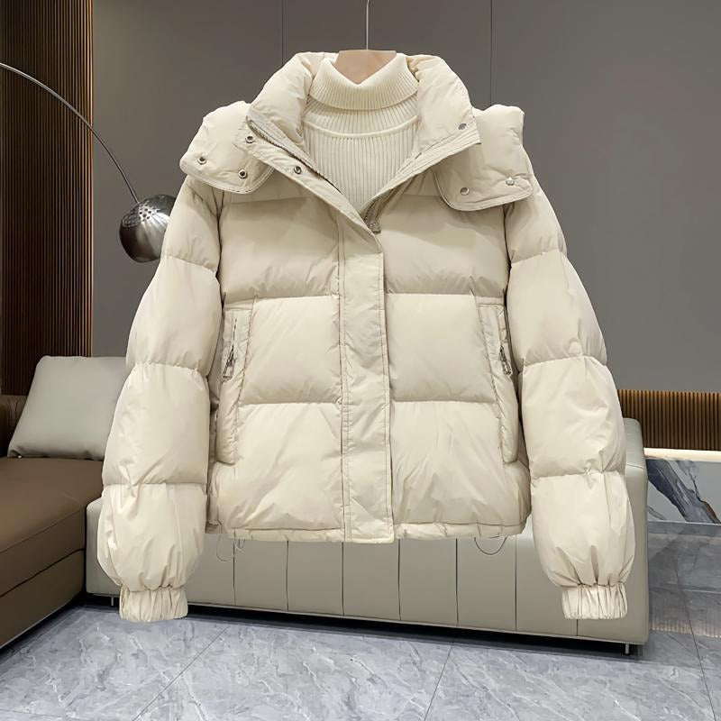 Women's Quilted Oversized Hooded Puffer Jacket with High Collar - Maisie London