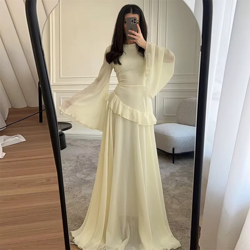 Women's Chiffon Maxi Dress with Bell Sleeves and Ruffle Waist - Maisie London