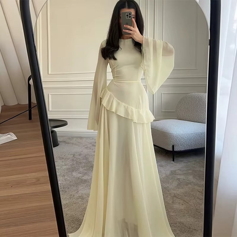 Women's Chiffon Maxi Dress with Bell Sleeves and Ruffle Waist - Maisie London
