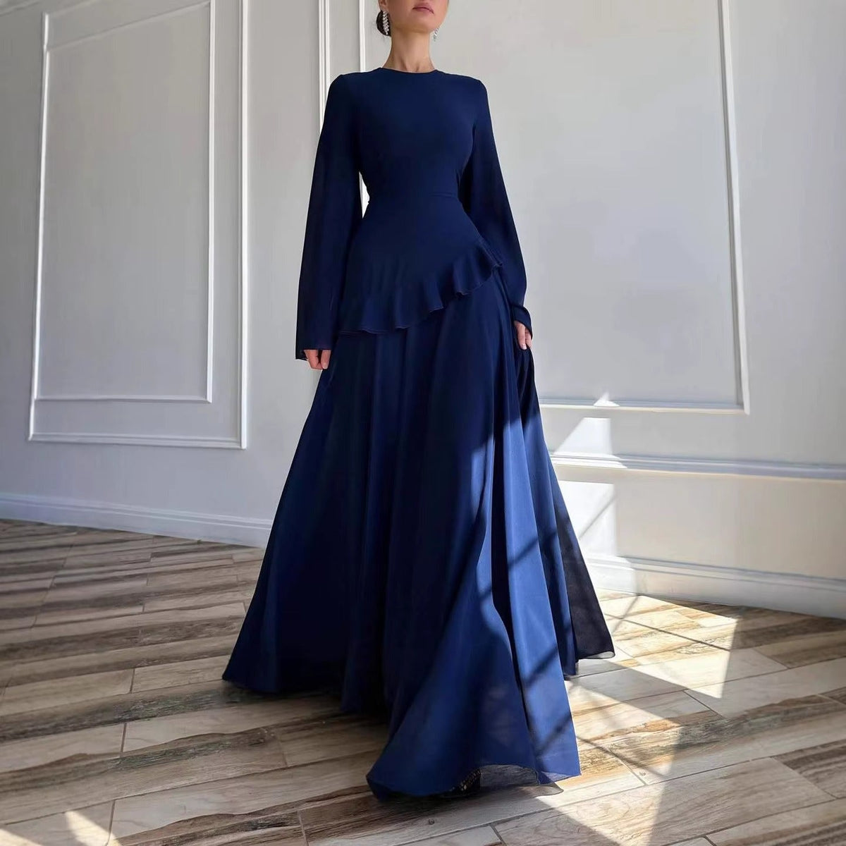 Women's Chiffon Maxi Dress with Bell Sleeves and Ruffle Waist - Maisie London