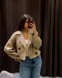 Women's Cropped Double-Breasted Trench Jacket with Buckled Cuffs - Maisie London