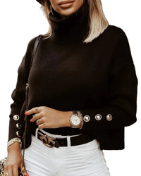 Women's Ribbed Knit Oversized Turtleneck Jumper with Button Cuffs - Maisie London