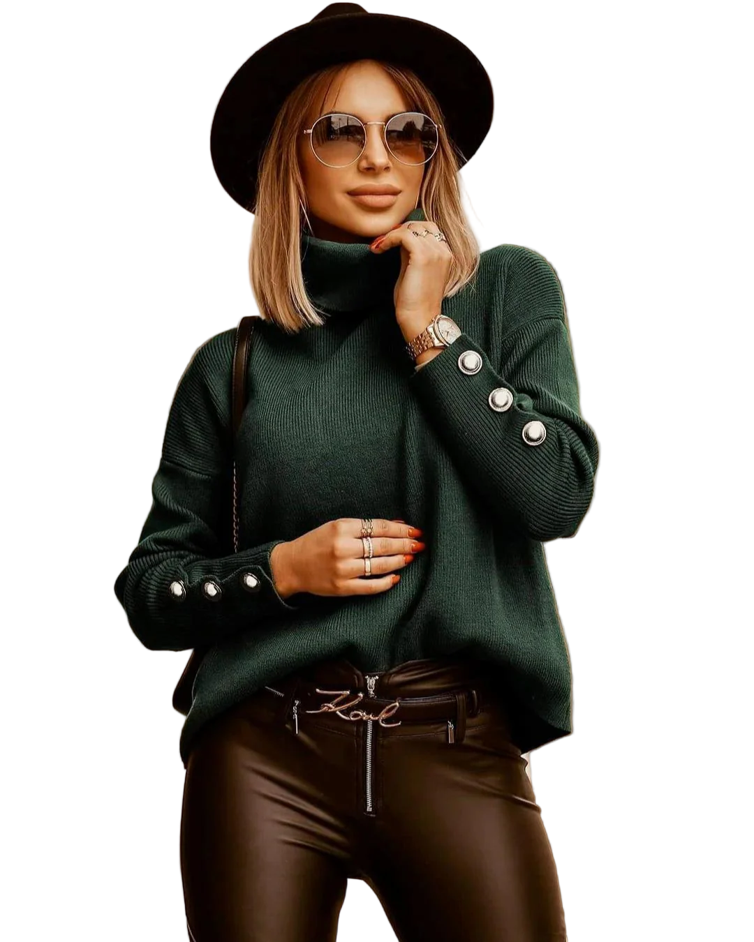 Women's Ribbed Knit Oversized Turtleneck Jumper with Button Cuffs - Maisie London