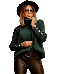 Women's Ribbed Knit Oversized Turtleneck Jumper with Button Cuffs - Maisie London