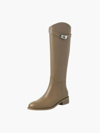 Women's Faux Leather Knee-High Boots with Strap and Block Heel - Maisie London