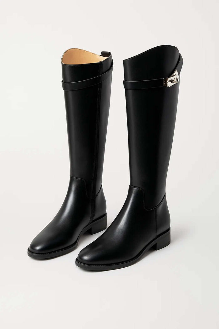Women's Faux Leather Knee-High Riding Boots with Buckle and Block Heel - Maisie London