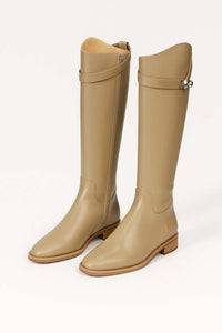 Women's Faux Leather Knee-High Riding Boots with Buckle and Block Heel - Maisie London