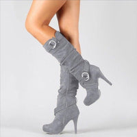 Women's Faux Suede Knee-High Boots with Stiletto Heel and Ring Buckles - Maisie London