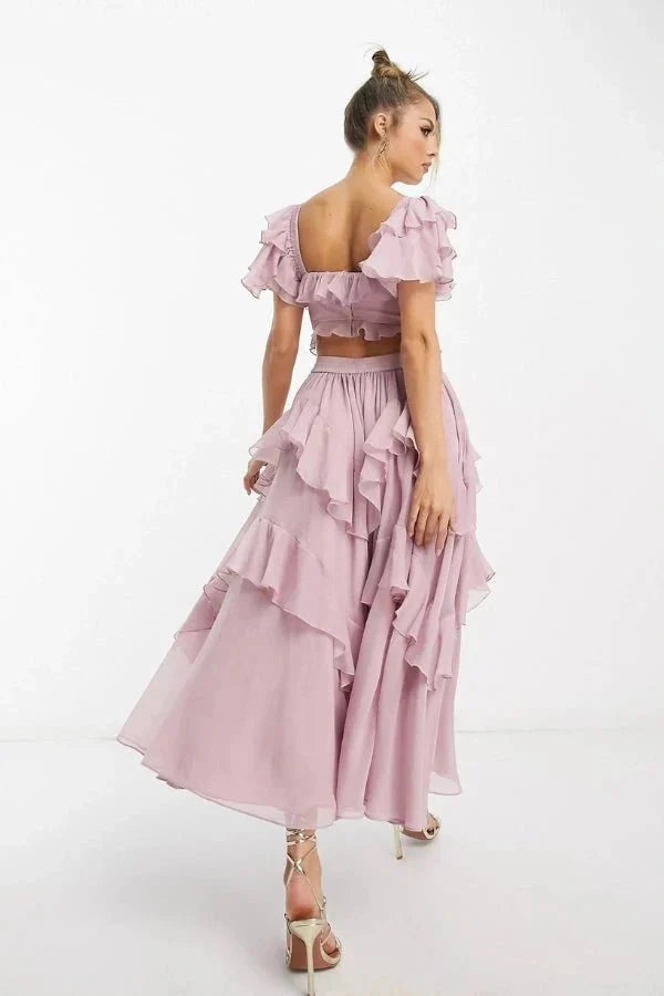 Women's Light Pink Chiffon Midi Dress with Ruffles and Sweetheart Neck - Maisie London