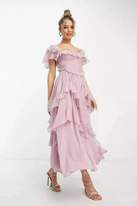 Women's Light Pink Chiffon Midi Dress with Ruffles and Sweetheart Neck - Maisie London