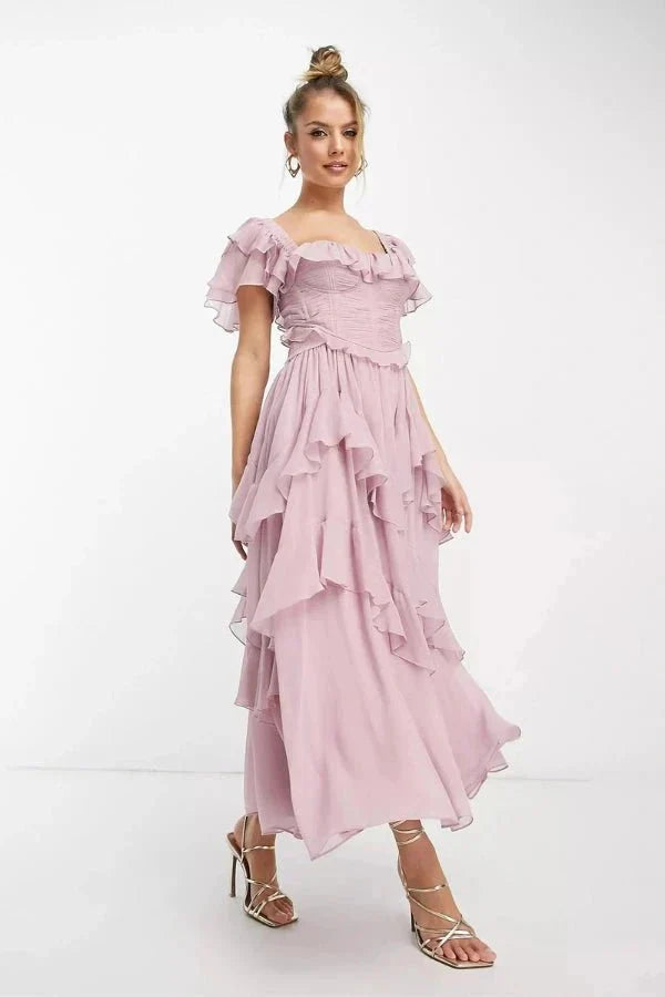 Women's Light Pink Chiffon Midi Dress with Ruffles and Sweetheart Neck - Maisie London