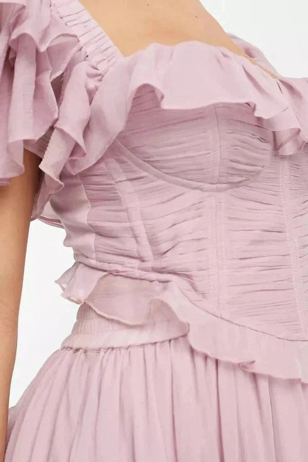 Women's Light Pink Chiffon Midi Dress with Ruffles and Sweetheart Neck - Maisie London