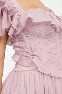 Women's Light Pink Chiffon Midi Dress with Ruffles and Sweetheart Neck - Maisie London