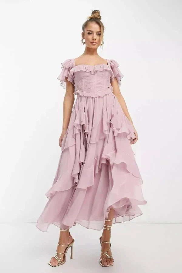 Women's Light Pink Chiffon Midi Dress with Ruffles and Sweetheart Neck - Maisie London