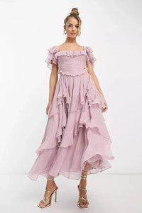 Women's Light Pink Chiffon Midi Dress with Ruffles and Sweetheart Neck - Maisie London