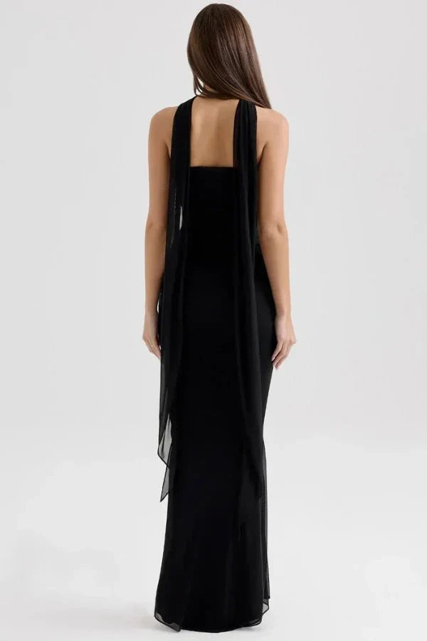 Women's Mesh Strapless Maxi Dress with Choker Tie and Fishtail Hem - Maisie London