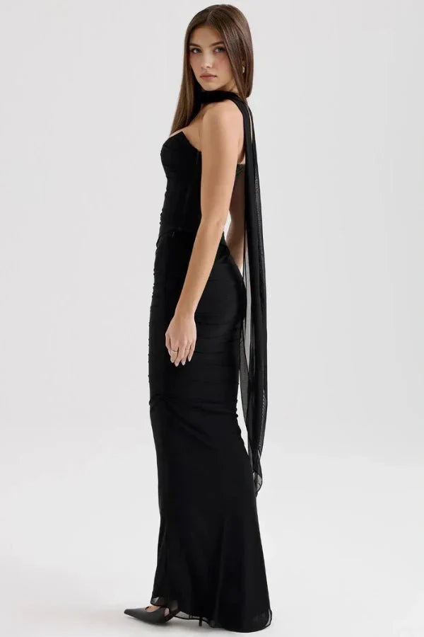 Women's Mesh Strapless Maxi Dress with Choker Tie and Fishtail Hem - Maisie London