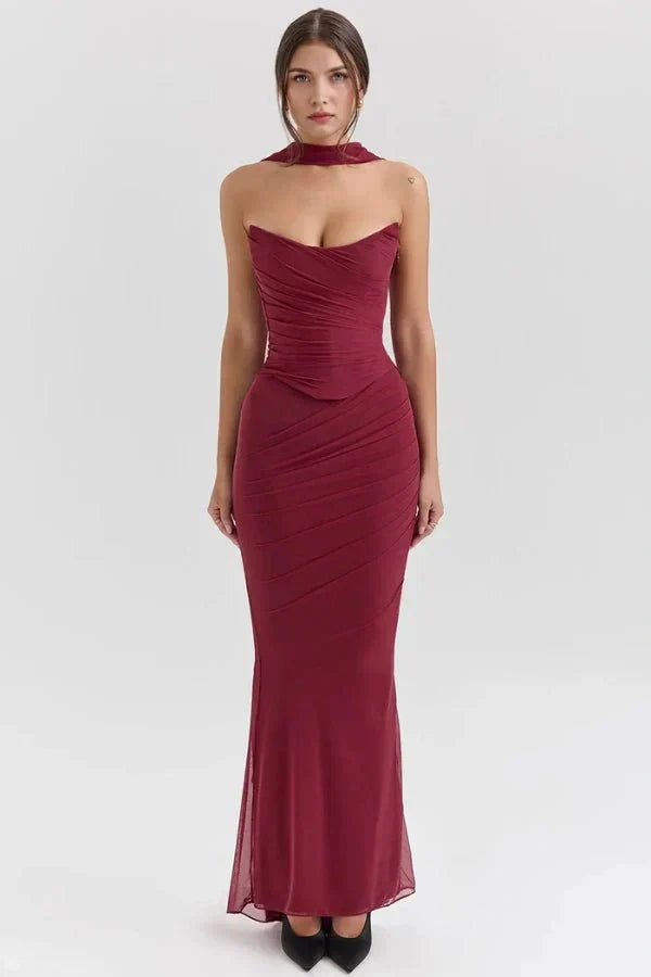 Women's Mesh Strapless Maxi Dress with Choker Tie and Fishtail Hem - Maisie London