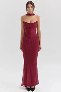 Women's Mesh Strapless Maxi Dress with Choker Tie and Fishtail Hem - Maisie London