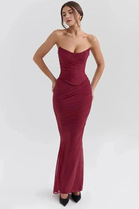 Women's Mesh Strapless Maxi Dress with Choker Tie and Fishtail Hem - Maisie London