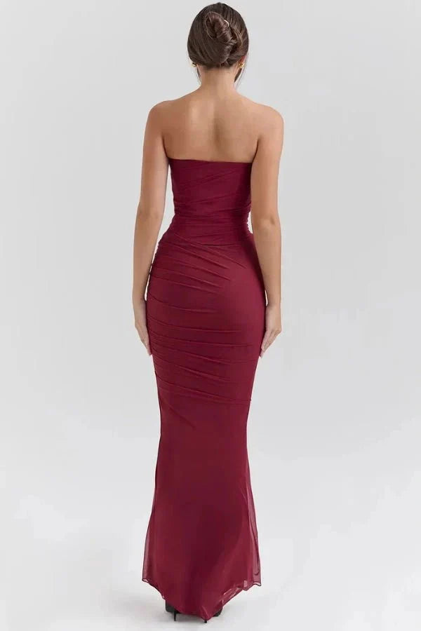 Women's Mesh Strapless Maxi Dress with Choker Tie and Fishtail Hem - Maisie London