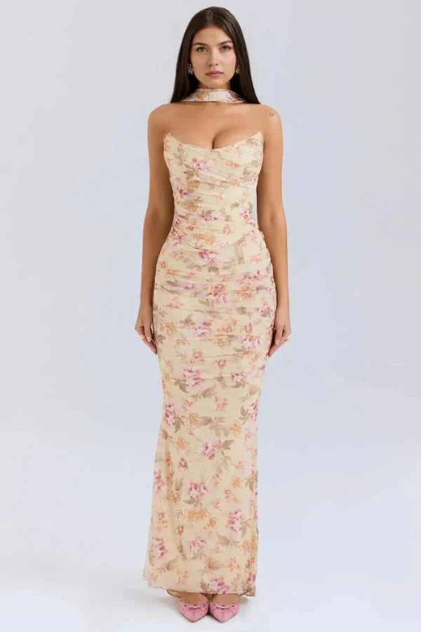 Women's Mesh Strapless Maxi Dress with Choker Tie and Fishtail Hem - Maisie London