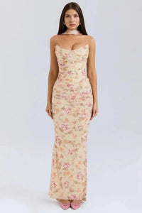 Women's Mesh Strapless Maxi Dress with Choker Tie and Fishtail Hem - Maisie London