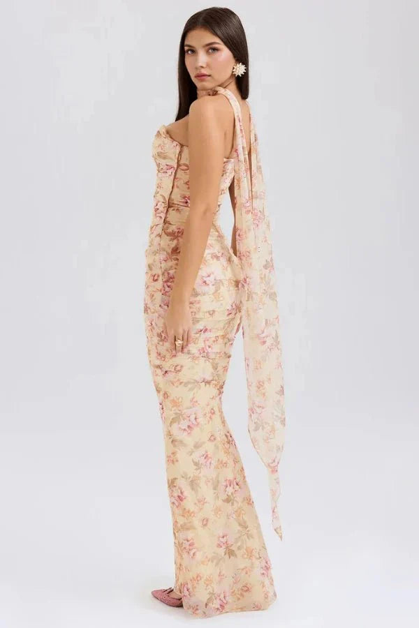 Women's Mesh Strapless Maxi Dress with Choker Tie and Fishtail Hem - Maisie London
