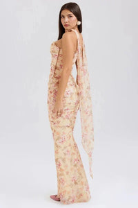 Women's Mesh Strapless Maxi Dress with Choker Tie and Fishtail Hem - Maisie London