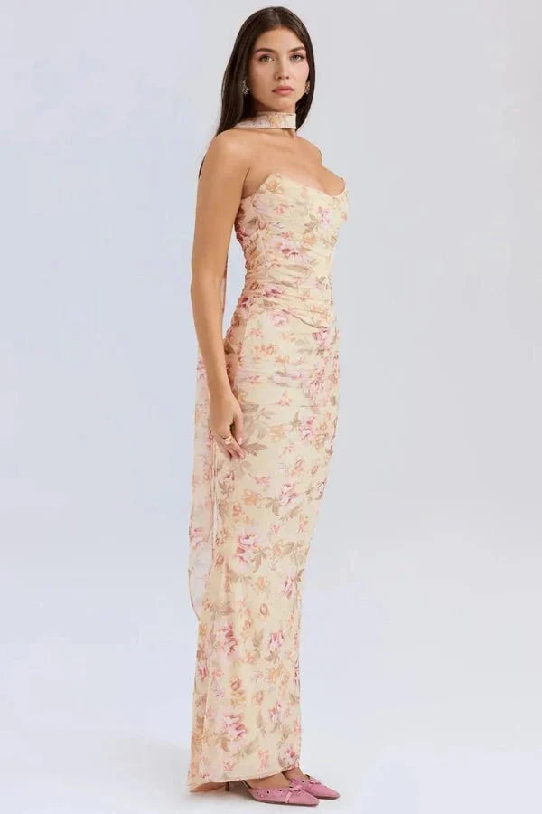 Women's Mesh Strapless Maxi Dress with Choker Tie and Fishtail Hem - Maisie London