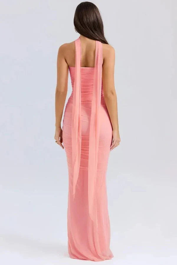 Women's Mesh Strapless Maxi Dress with Choker Tie and Fishtail Hem - Maisie London